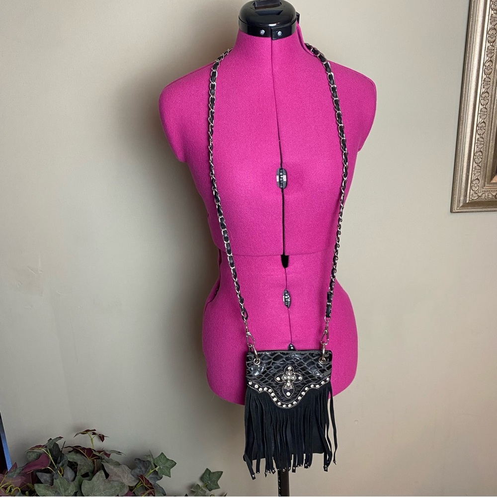 Black Fringe Rhinestone Cross Crossbody Bag